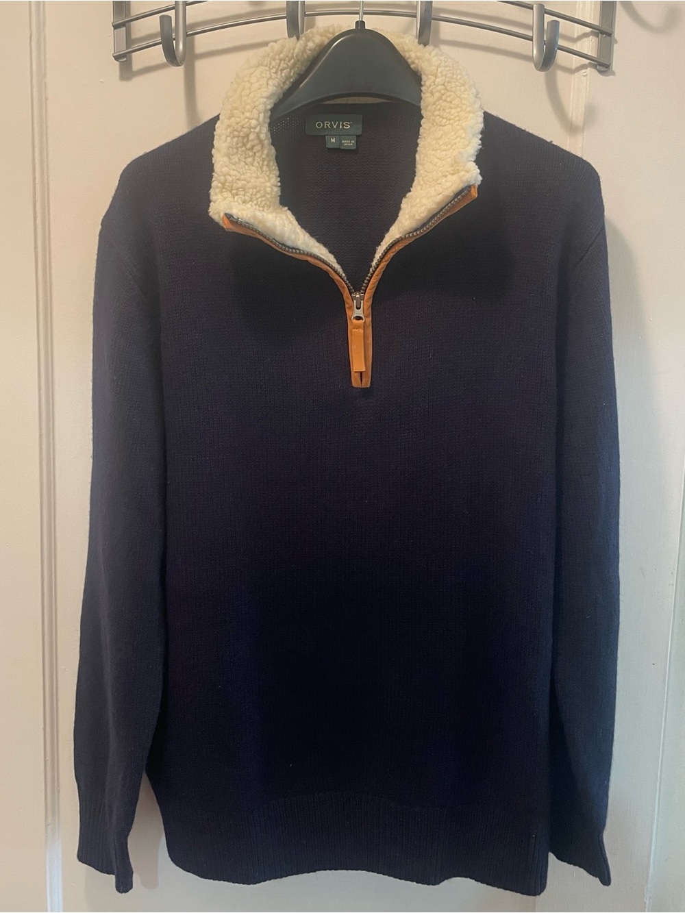 Orvis Navy Zip Sweater with Cream Sherpa Collar and Tan Trim